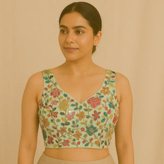 Jodha Mint Green Georgette Base Blouse with Multi-Color Resham Floral Threadwork and Sweetheart Neckline