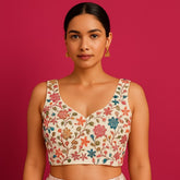 Jodha White Georgette Base Blouse with Multi-Color Resham Floral Threadwork and Sweetheart Neckline