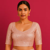 Gulzar Baby Pink Full Sequin Half Sleeves Blouse with Round Neckline