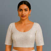 Gulzar White Full Sequin Half Sleeves Blouse with Round Neckline