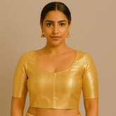 Zareen Brocade Tissue Golden-Color Blouse with Round Neckline