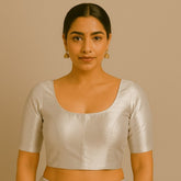 Zareen Brocade Tissue Off White Color Shimmer Blouse with Round Neckline