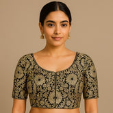 Mizaj Black Brocade Half Sleeves Blouse with Round Neckline
