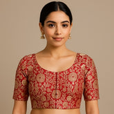 Mizaj Deep Red Brocade Half Sleeves Blouse with Round Neckline