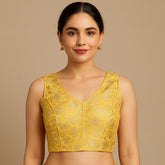 Rajsi Lemon Yellow Floral Banaras Brocade Blouse with V Neckline