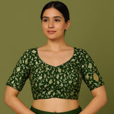Kundan Hunter Green Color Brocade Blouse with Round Neckline
