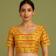 Manjusha Mango Yellow Color Banarasi Brocade Blouse with Round Neckline
