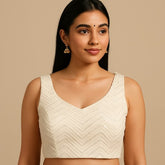 Sequin White Color Base Blouse with V Neckline