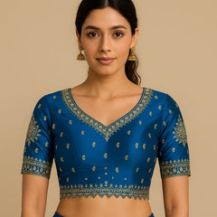 Embroidered Gajji Silk Base Deep Sky Blue Color Blouse with Curvy V Neckline