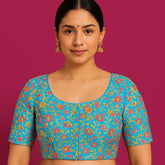 Phoolzar Banaras Brocade Deep Sky Blue Color Blouse with Round Neckline