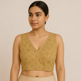 Pushpa Floral Sequin Work Sleeveless Golden Blouse with V Neckline