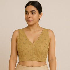 Pushpa Floral Sequin Work Sleeveless Golden Blouse with V Neckline