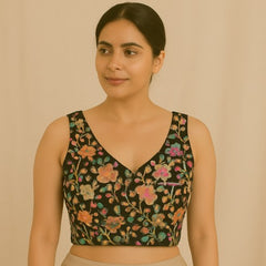 Jasmin Dark Firozi Color Base Multicolor Floral Embroidered Blouse with Sweetheart Neckline