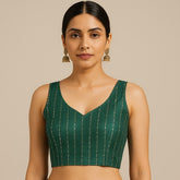 Zareef Hunter Green Color Sequin Blouse with V Neckline