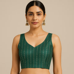 Zareef Hunter Green Color Sequin Blouse with V Neckline