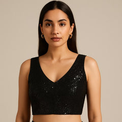 Siya Black Color Sequin Blouse with V Neckline