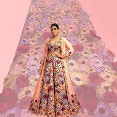 Multicolor Floral Applique Work on Beige Net Fabric