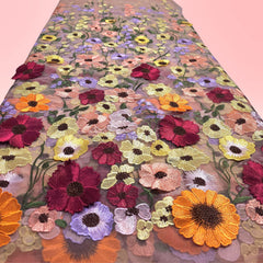 Multicolor Floral Applique Work on Pink Net Fabric