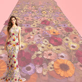 Multicolor Floral Applique Work on Pink Net Fabric