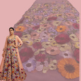 Multicolor Floral Applique Work on Light Pink Net Fabric