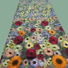 Multicolor Floral Applique Work on Green Net Fabric