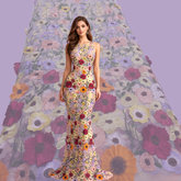 Multicolor Floral Applique Work on Purple Net Fabric