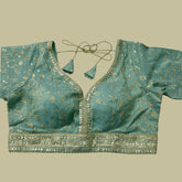 Embroidered Shimmer Sky Blue Blouse with Half Sleeves and Sweetheart Neckline