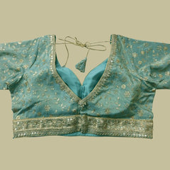 Embroidered Shimmer Sky Blue Blouse with Half Sleeves and Sweetheart Neckline