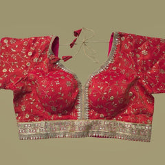 Embroidered Shimmer Pink Blouse with Half Sleeves and Sweetheart Neckline