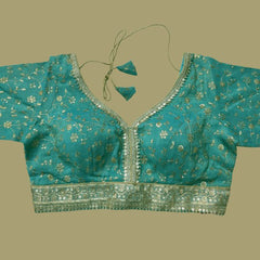 Embroidered Shimmer Blue Blouse with Half Sleeves and Sweetheart Neckline