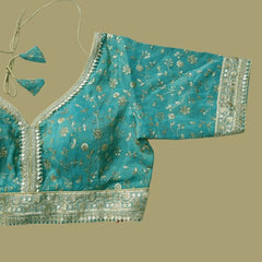 Embroidered Shimmer Blue Blouse with Half Sleeves and Sweetheart Neckline