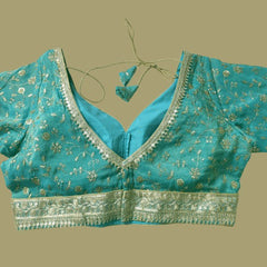 Embroidered Shimmer Blue Blouse with Half Sleeves and Sweetheart Neckline