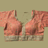 Embroidered Shimmer Pastel Orange Blouse with Half Sleeves and Sweetheart Neckline