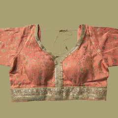 Embroidered Shimmer Pastel Orange Blouse with Half Sleeves and Sweetheart Neckline