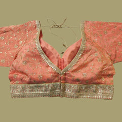Embroidered Shimmer Pastel Orange Blouse with Half Sleeves and Sweetheart Neckline
