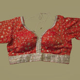 Embroidered Shimmer Scarlet Red Blouse with Half Sleeves and Sweetheart Neckline