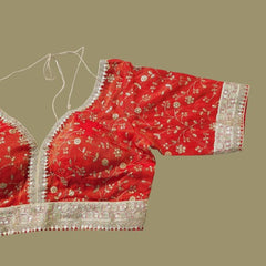 Embroidered Shimmer Scarlet Red Blouse with Half Sleeves and Sweetheart Neckline