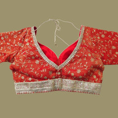 Embroidered Shimmer Scarlet Red Blouse with Half Sleeves and Sweetheart Neckline