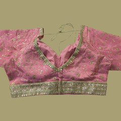 Embroidered Shimmer Salmon Pink Blouse with Half Sleeves and Sweetheart Neckline
