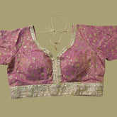 Embroidered Shimmer Coral Pink Blouse with Half Sleeves and Sweetheart Neckline