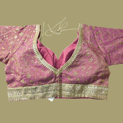 Embroidered Shimmer Coral Pink Blouse with Half Sleeves and Sweetheart Neckline