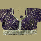 Embroidered Shimmer Purple Blouse with Half Sleeves and Sweetheart Neckline