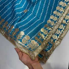 Printed Bandhani Deep Sky Blue Dupatta with Gota Patti Border