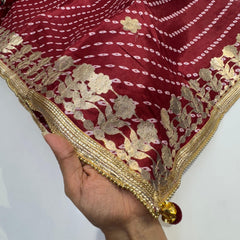 Printed Bandhani Maroon Dupatta with Gota Patti Border