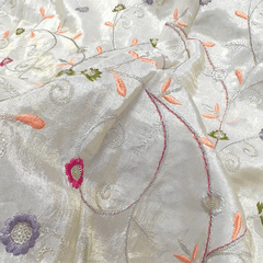 Embroidered Dyeable Shimmer Tissue Fabric with Small Multicolor Floral Threadwork