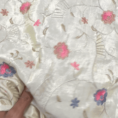 Embroidered Dyeable Shimmer Tissue Fabric with Multicolor Floral Threadwork