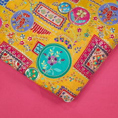 Tarkashi Mustard Yellow Base Crepe with Multicolor Floral Embroidered Motifs