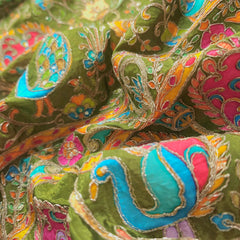 Tarkashi Moss Green Crepe Fabric Embroidered with Floral & Peacock Border