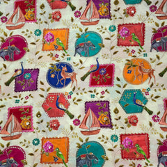 Tarkashi Off White Base Crepe with Multicolor Animal & Floral Embroidered Motifs