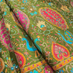 Tarkashi Moss Green Crepe Fabric Embroidered with Floral & Peacock Border